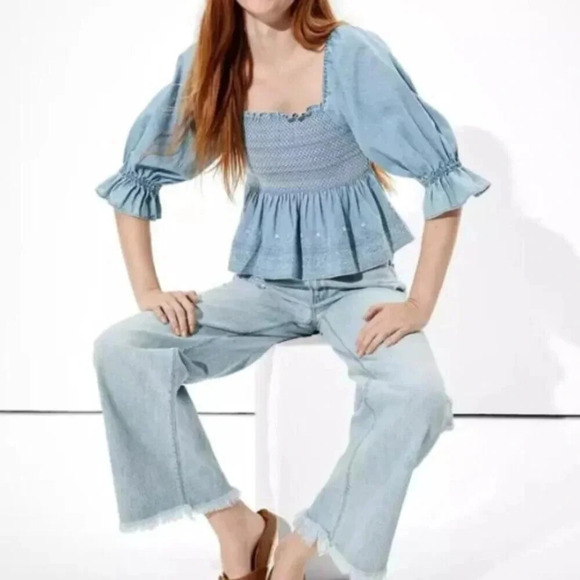 American Eagle Womens Small Smocked Square Neck Babydoll Chambray Top - Picture 2 of 14